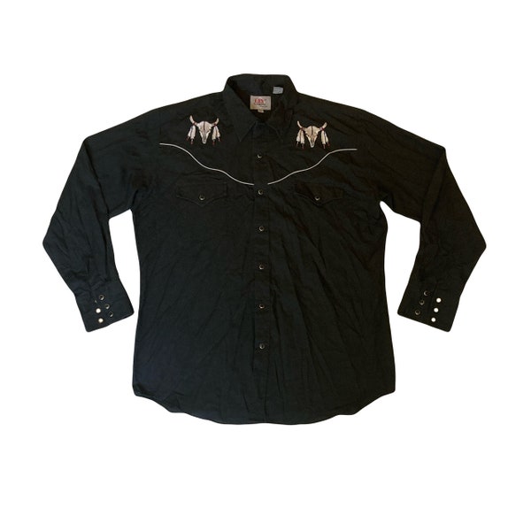 Vintage 90s black Ely Diamond western cowboy shirt with embroidery and piping size large