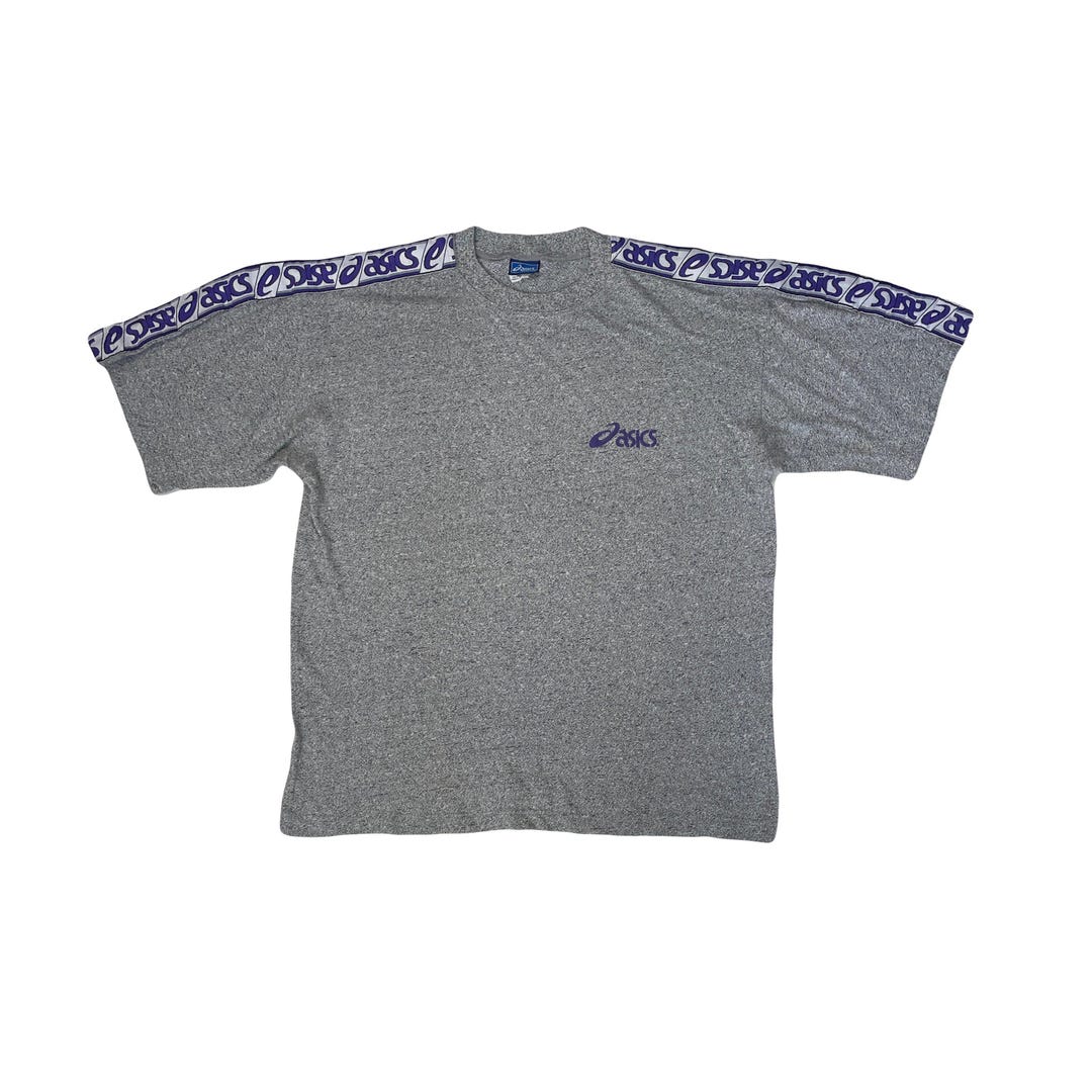 Vintage 90s ASICS Grey & Purple Tape Detail Short Sleeve T-shirt