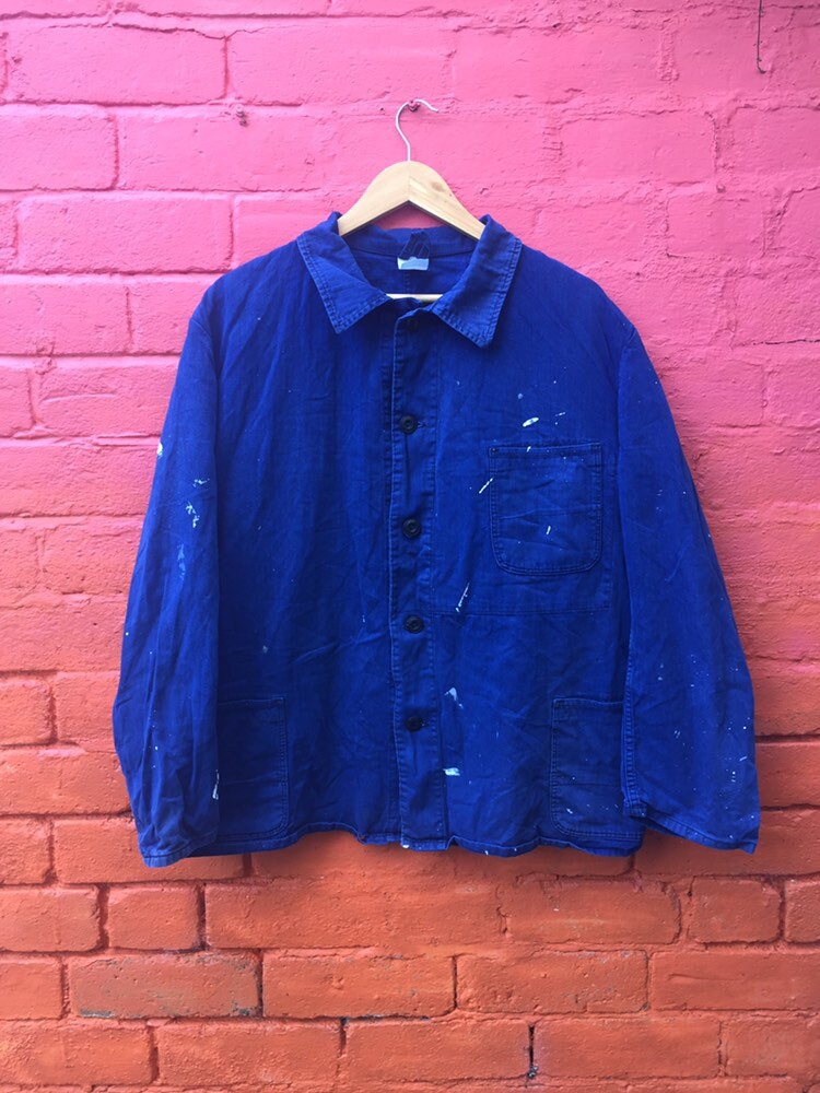 Image of Vintage 80S French Navy Blue Distressed Paint Stained Workers Chore Sanforized Button Jacket Cotton Herringbone