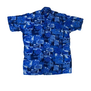 Vintage 90s blue Pacific Ocean fishing print Haiwaiian beach party shirt oversized medium by Giani Feroti