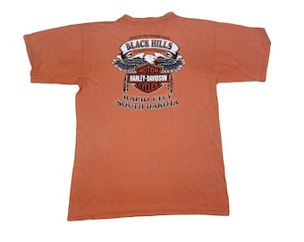 90s XL STURGIS vtg tシャツ オレンジ ハーレー バイカー Vintage 90s Harley Davidson Sturgis Rally T-shirt, Distressed