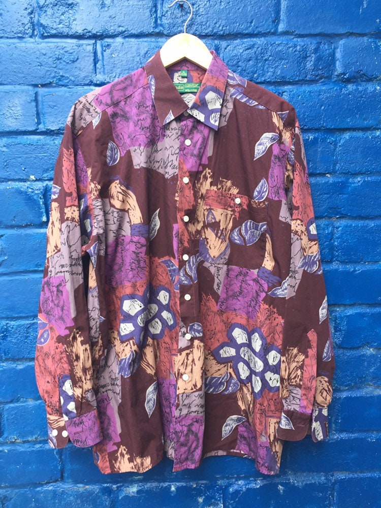 Image of 90S Vintage Ugly Crazy Pattern Print Abstract Art Purple Burgundy Shirt Size Xl
