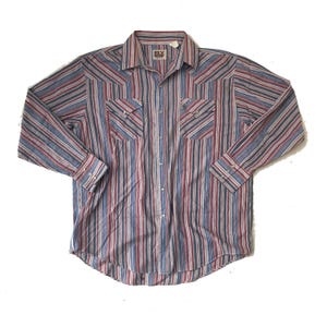 Vintage 80s blue red grey striped western cowboy shirt size large by Ely Cattleman