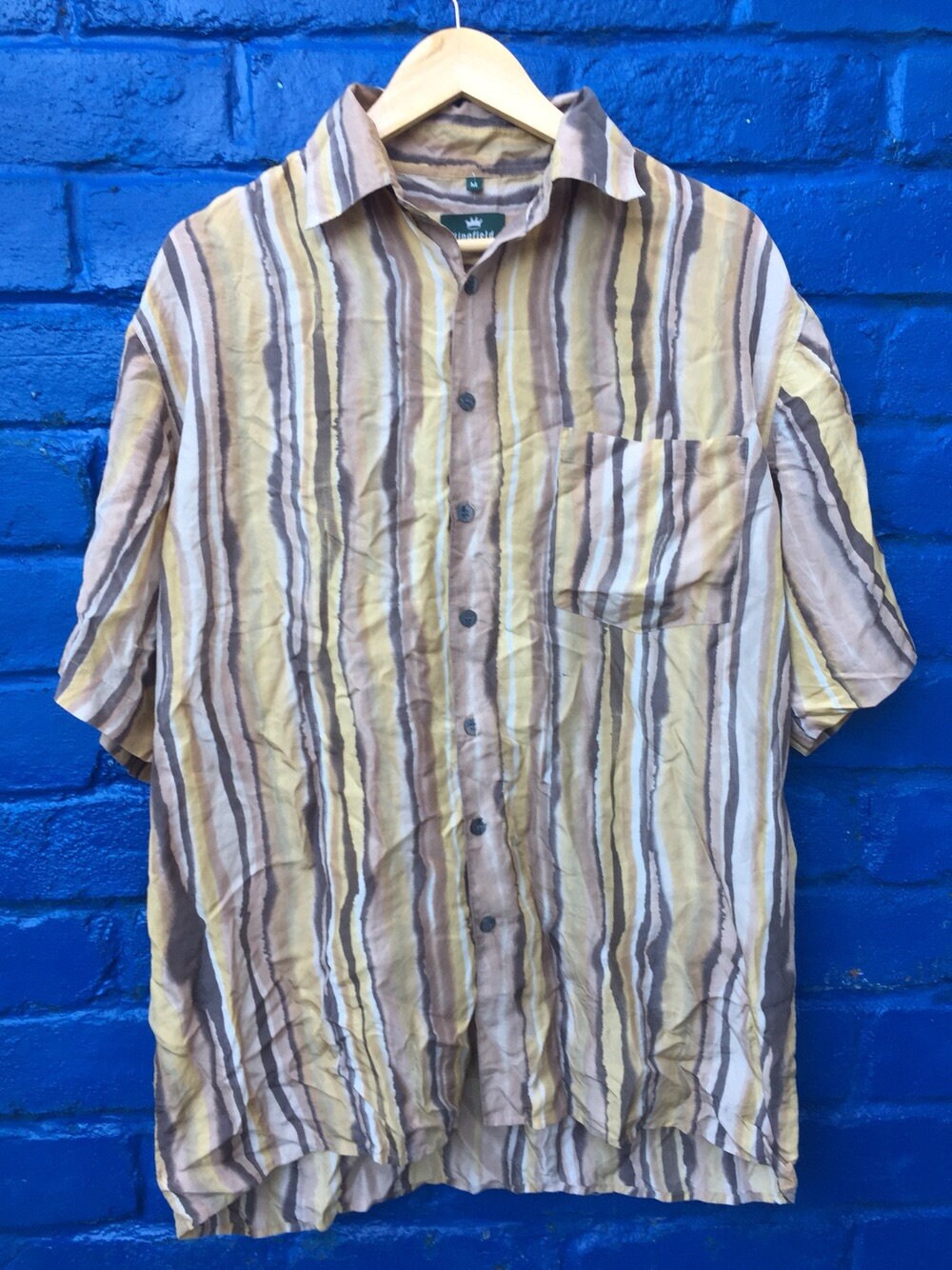 Image of Vintage 80S Silk Shirt With African Ethnic Brown & Beige Animal Stripes Size L