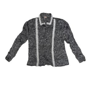 Vintage 80er Jahre Silber Schwarz Weiß Paisley Print Bluse Shirt Langarm