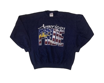 Vintage 90s navy blue American pride eagle print USA souvenir crew neck sweater size large