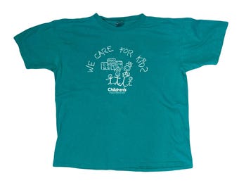 Vintage 90s Quirky We Care for Kids Single Stitch Turquoise T