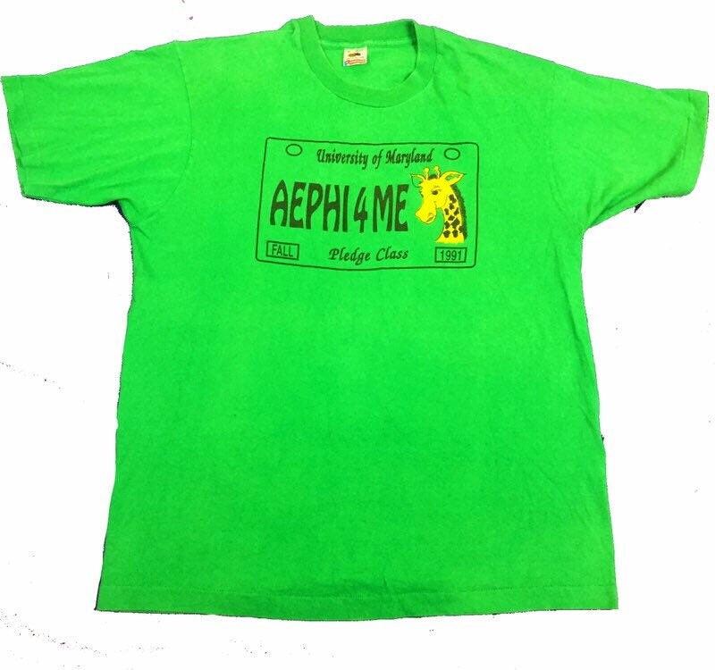 Image of Vintage 1991 Usa University Of Maryland Pledge Class Giraffe Aephi4Me Green T Shirt Size Xl