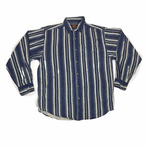 Camicia vintage a maniche lunghe blu anni &#39;90 in denim blu bianco a righe occidentali taglia media da faded glory