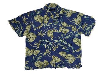 Camisa hawaiana vintage Y2K con estampado floral de hibisco azul y verde, talla XL, de Milano Bay