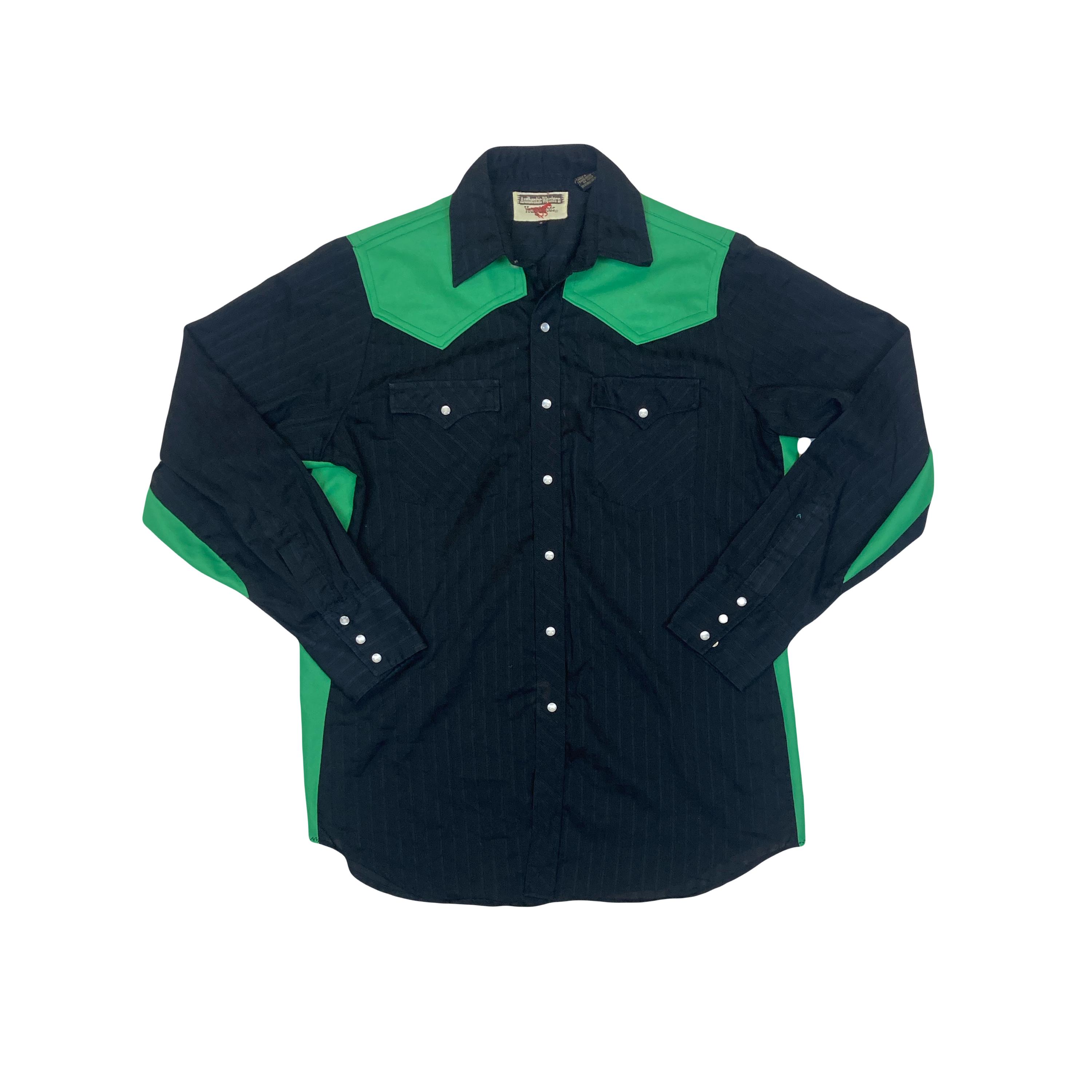 Vintage 80s Black Green Western Cowboy Shirt With Pearl Snap Vintage 80s Black Green Western Cowboy Shirt With Pearl Snap