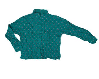 Vintage 80s Teal Button-Down Ladies Blouse with Pattern - Size M/S