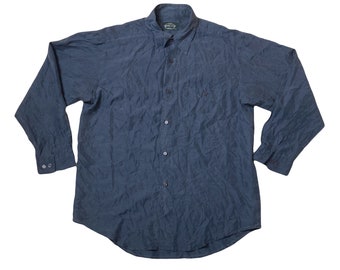 Vintage 90s navy blue satin 100% pure silk oversized long sleeve shirt size large