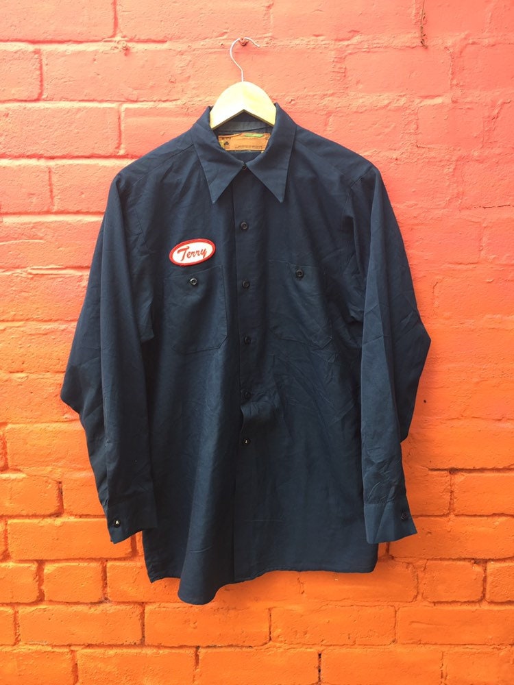 Image of Vintage 80S Usa Chore Workwear Mechanics Shirt Terry Name Badge Durable Press Like Dickies Carharrt Navy Blue Size Large