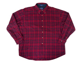 Vintage 90s Pendleton USA made red green fine check 100% virgin wool shirt size XL
