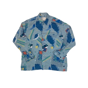 Vintage 90s pastel blue nautical themed crazy abstract pattern rayon long sleeve ugly party shirt size XL by Tony D