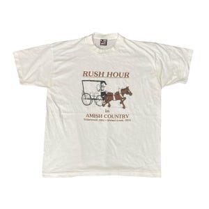 Vintage 90er Rush Hour in Amish Country Walnut Creek Ohio USA lustiges lustiges eingenähtes weißes T-Shirt mit Pferdemotiv Gr. XL
