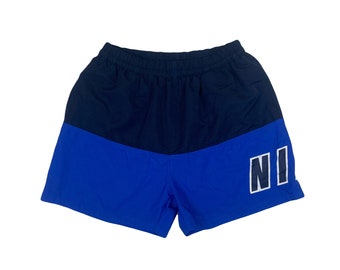 Vintage Y2K Nike Marineblau auf blauem Shell-Mesh-Innenbade-Sommershorts Größe groß