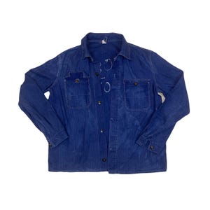 Vintage 70s mens french worker prisoner chore blue distressed cotton herringbone sanforized button up shirt jacket size medium