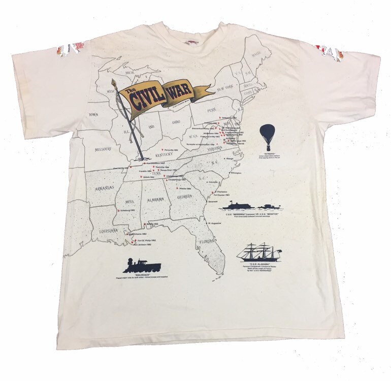Image of Vintage 80S Light Beige American Civil War Usa Souvenir Map T Shirt Oversized 3xl