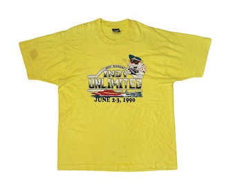 Vintage 90s yellow Indy Unlimited souvenir single stitch t-shirt size XL by BEST