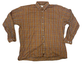 Vintage 90s orange beige check flannel brushed cotton shirt size XL