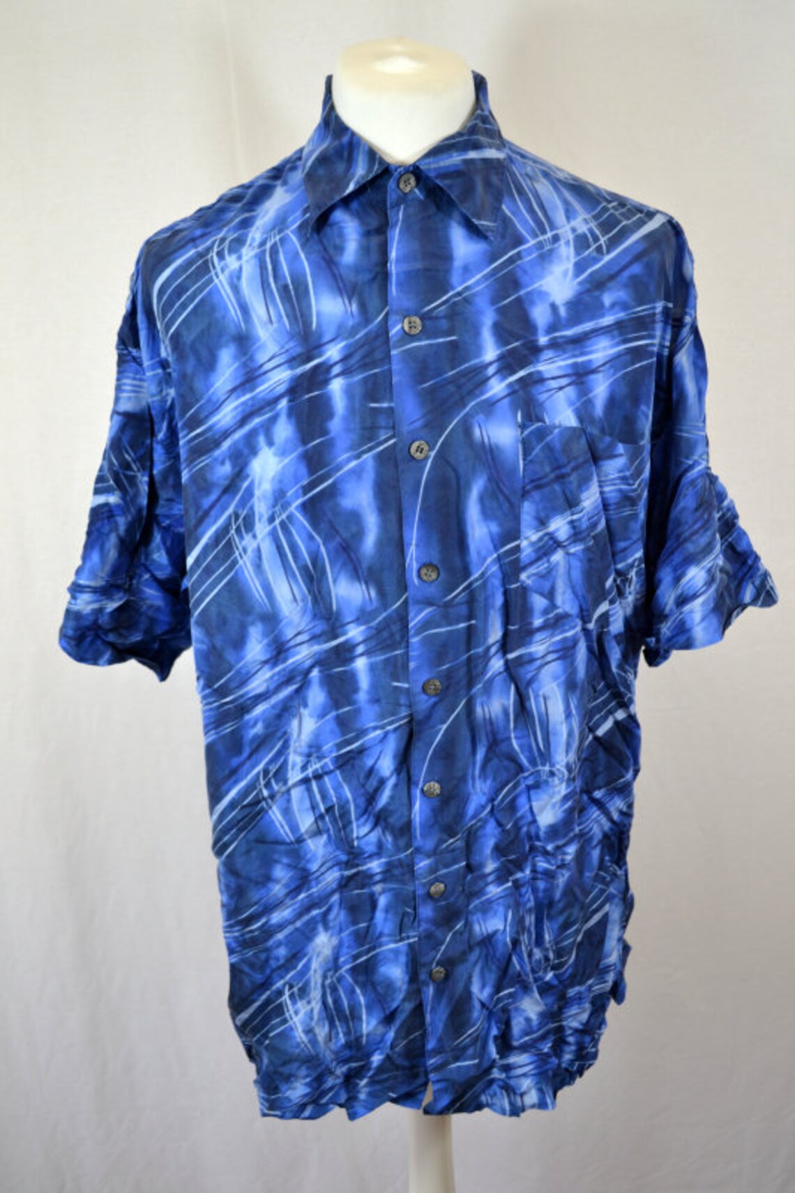 Vintage 90s oversized Blue Abstract Pattern 100% pure silk short sleeve Shirt size XL, Foto 2 von 5