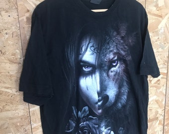 Koszulka w stylu vintage emo z lat 00. pół wilk, pół kobieta, czarny T-shirt, rozmiar XL Koszulka w stylu vintage emo z lat 00. pół wilk, pół kobieta, czarny T-shirt, rozmiar XL