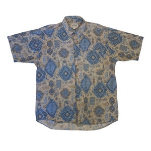 Vintage 80er Jahre Navajo Azteken Kurzarmhemd Blau Beige Braun mit verblasstem Muster Gr. Large
