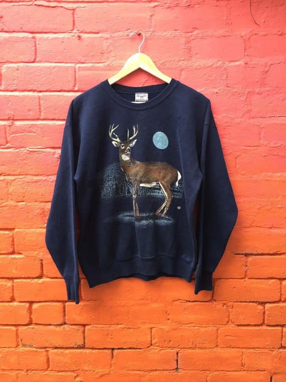 Vintage 90s nature print stag deer moonlight navy