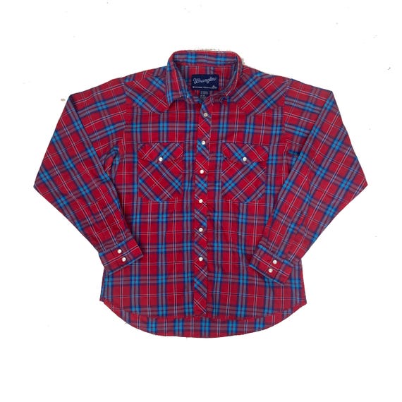 Vintage 90s Wrangler Red Blue Check Western Cowboy Shirt Size
