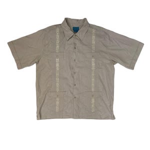 Vintage 90s coffee beige Guayabera Mexican Latin American pocket shirt size large by Tropicool