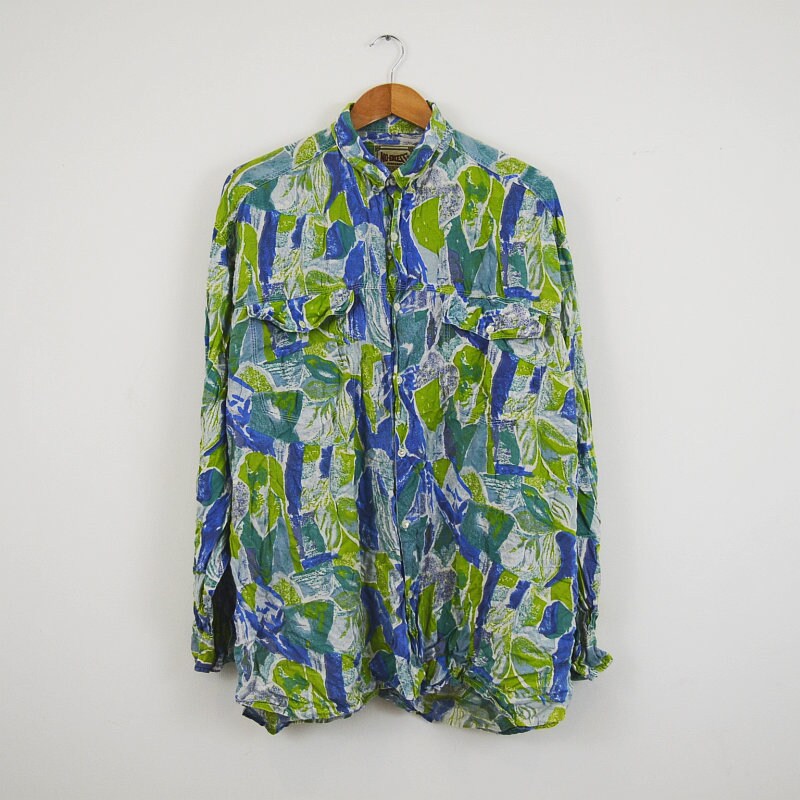 Image of Retro Crazy Print Green & Blue Pattern Festival Rave Shirt