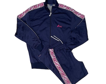 Vintage 90er Jahre Asics Trainingsanzug Set Marine Blau Rosa Logo Trainingsjacke Hose Herren M