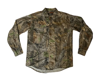 Vintage Y2K Hillman Realtree Mossy Oak style realistisches camo beige grün braun Jagdhemd Größe Large