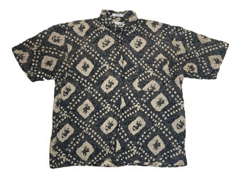 Vintage 90s dark grey beige abstract pattern 100% pure silk short sleeve shirt size large