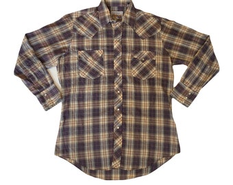 Vintage 90s Western Shirt: Beige Blue Red Check, Pearl Snap Buttons, XL