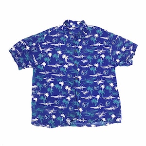 Vintage 90s aeroplane biplane palm tree blue white oversized rayon hawaiian shirt size 2XL extra large
