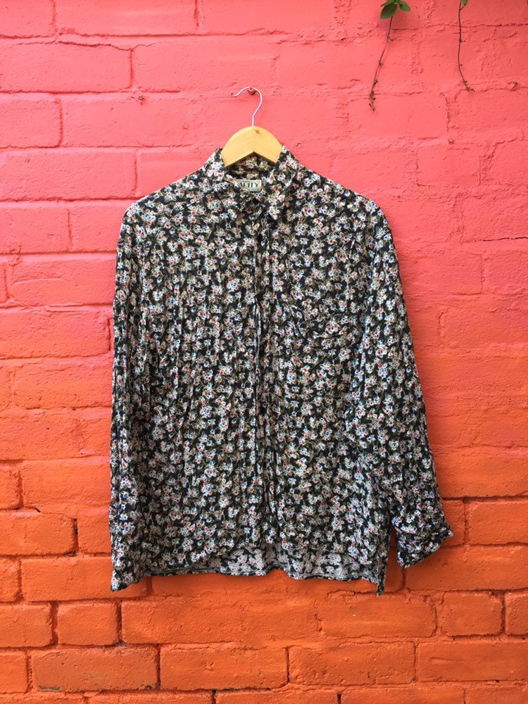 Image of Vintage 70S Black White Blue Green Floral Paisley Psychedelic Pattern Disco Party Shirt Size Medium