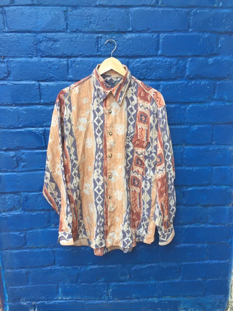 Image of Vintage 80S Ugly Pattern Crazy Abstract Print Oversized Long Sleeve Shirt Size Large