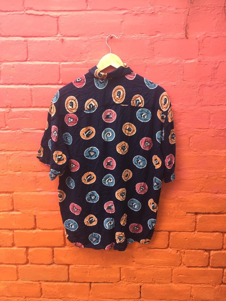 Image of Clearance Vintage 90S Black Abstract Pattern Oversized Retro Polka Dot Hawaiian Shirt Size Large
