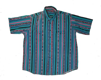 Vintage 90er Kurzarm Hemd türkis Azteken Streifen Shirt Gr.XL