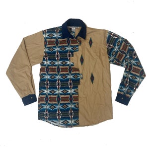 Vintage 90s women&#39;s beige blue Aztec pattern staggered button up western cowgirl western cotton shirt medium by Adobe Rose