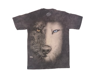 Vintage 90s The Mountain animal printed tie dye grey black wolf nature t shirt size small