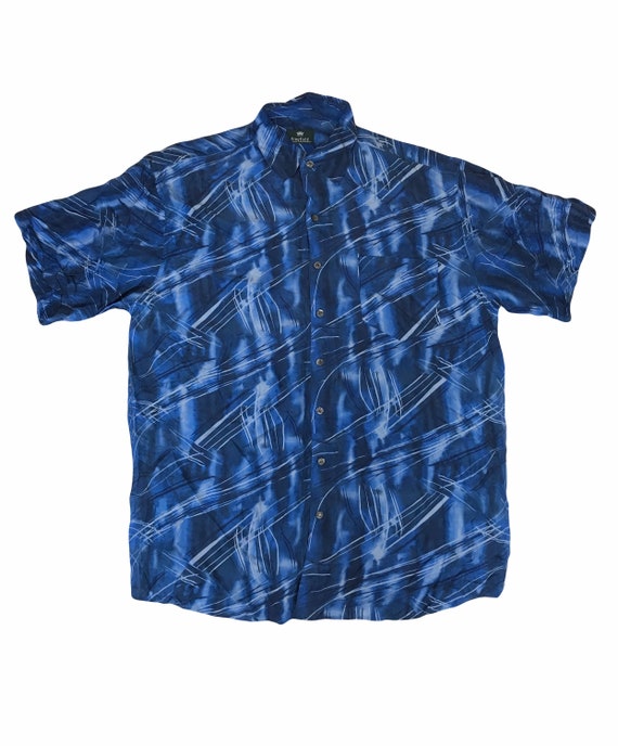 Vintage 90s oversized Blue Abstract Pattern 100% pure silk short sleeve Shirt size XL