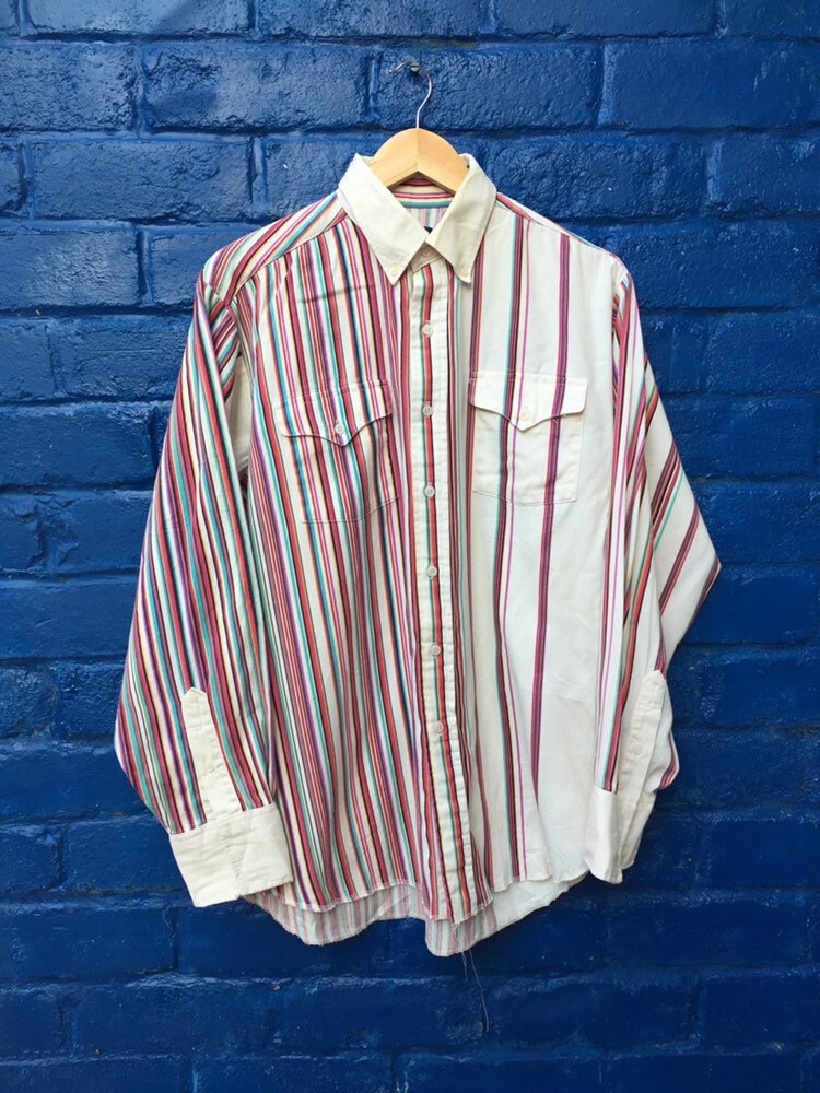 Image of Vintage 80S Panhandle Slim Cream Cotton Striped Usa Western Shirt Size Large