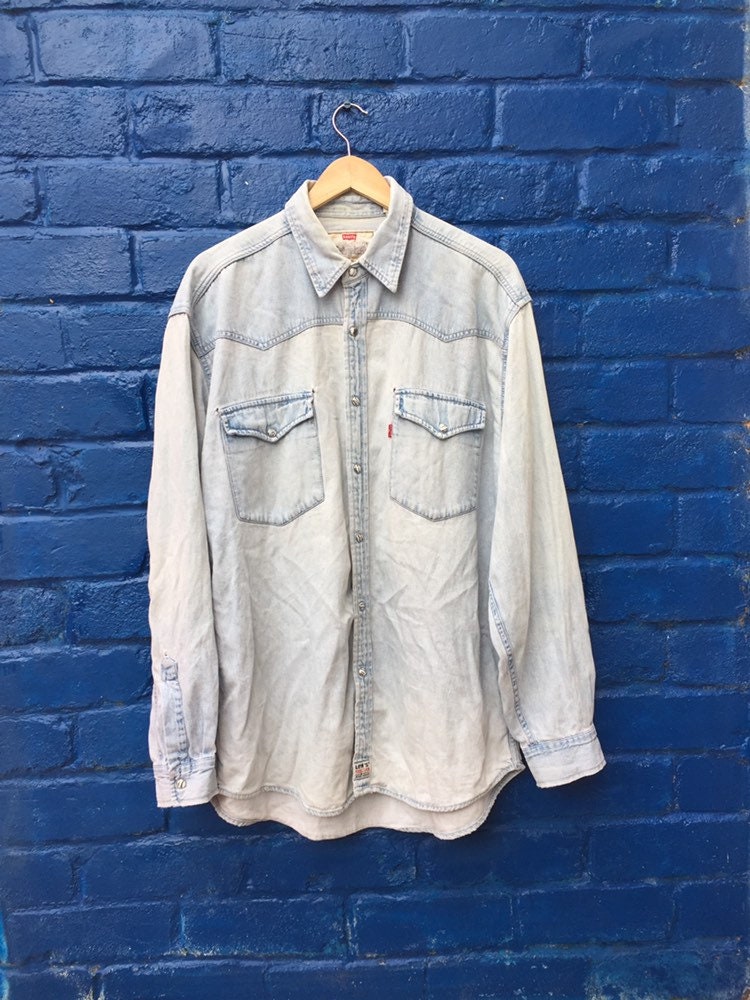 Image of Vintage 80S Levis Red Tab Light Blue Distressed Denim Western Shirt Size Large