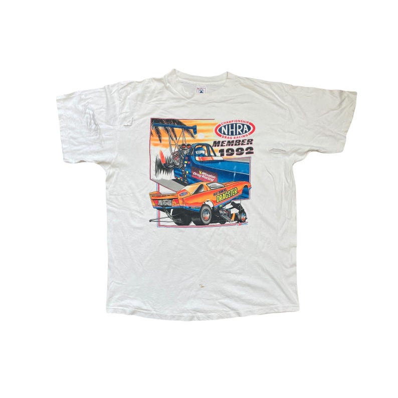 Vintage Thrashed NHRA Drag Racing Member 1992 T-Shirt XXL White Delta USA image 1