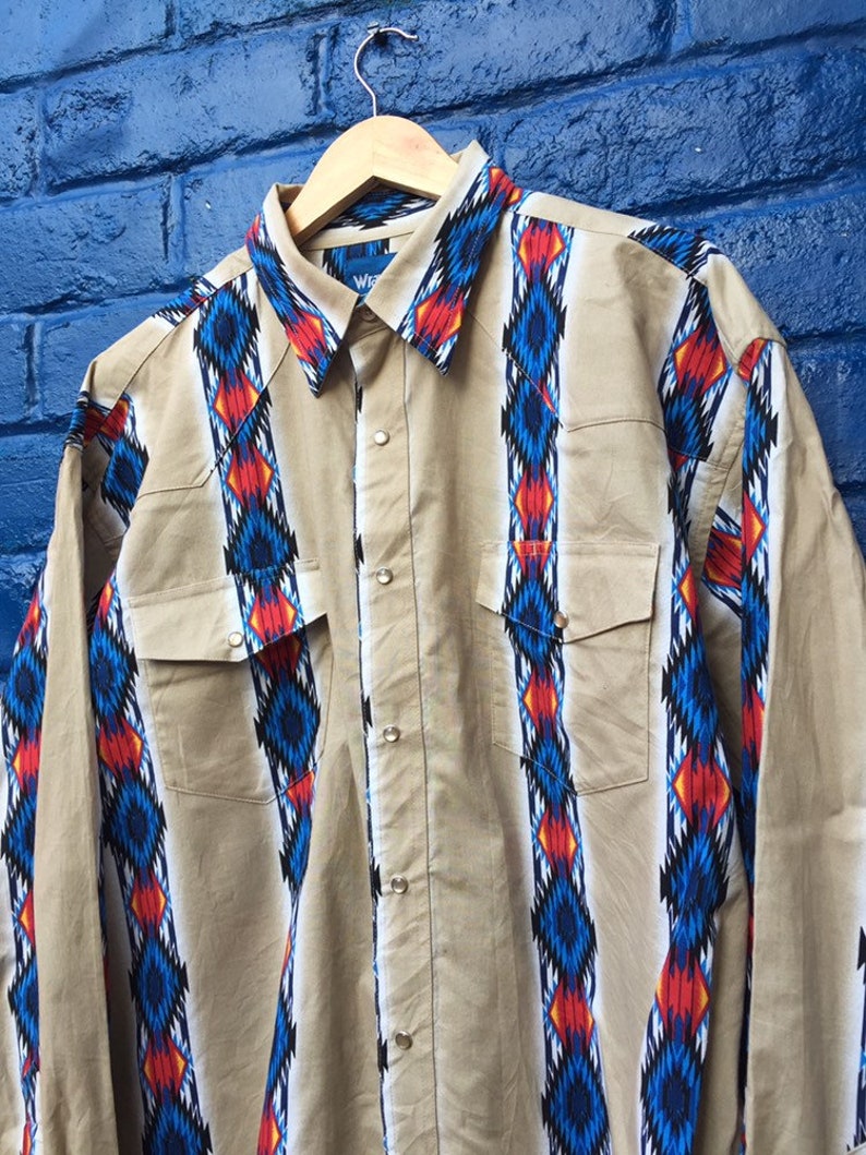 Vintage 90s Wrangler beige blue traditional Aztec Navajo | Etsy