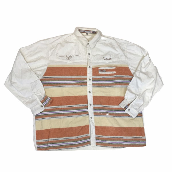 Vintage 80s USA white orange beige block panel western aztec print overshirt shirt XL
